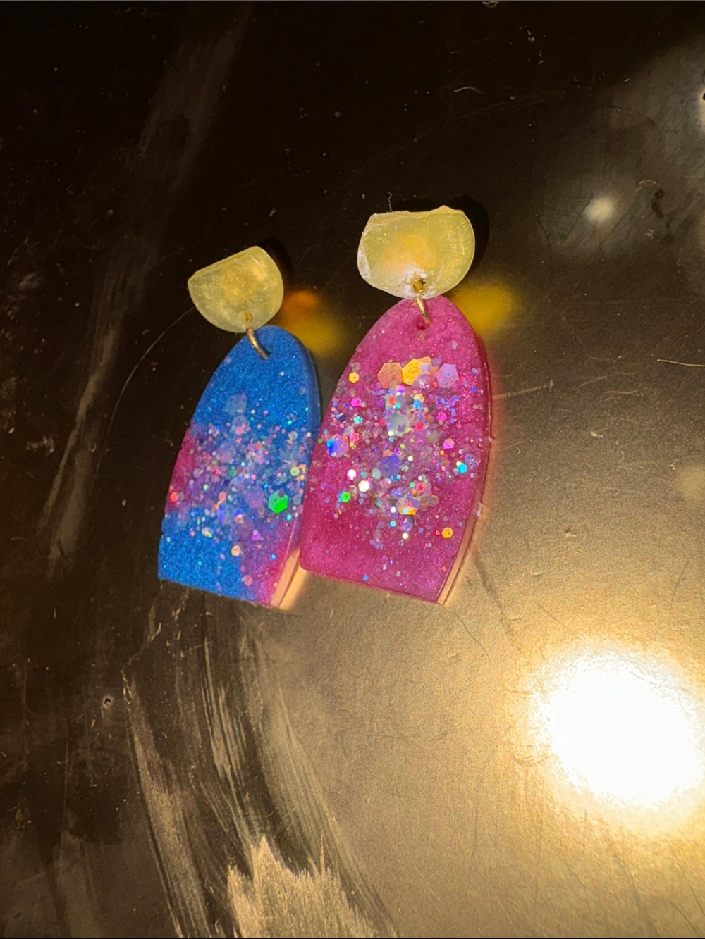 Emmy’s Creations Hand Crafted Blue and Pink Glitter Drop Earrings w/ Yellow Stud